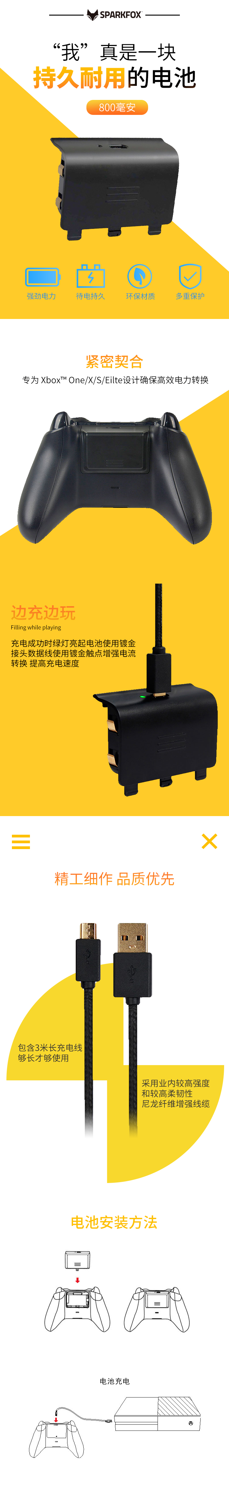 Sparkfox Flash Fox Bản gốc Xbox one S Xử lý Bộ pin Pin Pin 800ma Side punch Chơi với Cáp sạc 3M Cáp dữ liệu PC Bộ phụ kiện Xbox one X - XBOX kết hợp tay cầm ps2