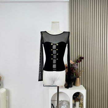 Popw New Design Sheer Mesh Patchwork Slim Fit Pure Desire Knitted Sweater Top