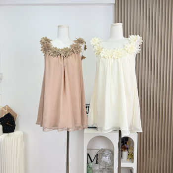 Popw Guoyue Xihua Relaxed and Languid Style Elegant Off-Shoulder Three-Dimensional Floral Dress