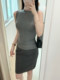 Popw Korean Women's Simple Gray Slim-Fit Round-Neck Sleeveless Versatile Tank Top + High-Waisted Mid-Length Skirt for Women