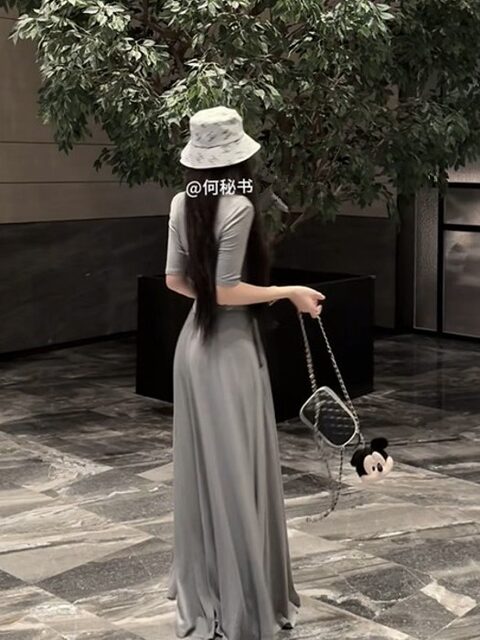 Popw Gentle and Elegant Ballet-Style Mid-Sleeve Round-Neck Slim-Fit Top + Elastic Skirt Pants Two-Piece Set for Women