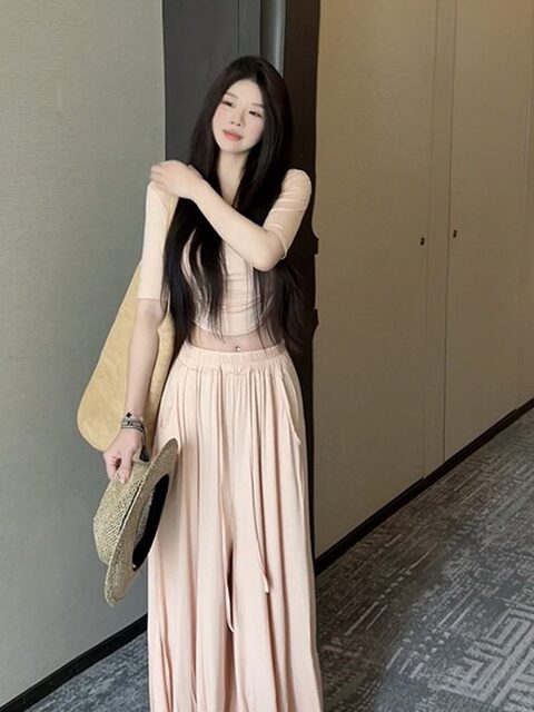 Popw Gentle and Elegant Ballet-Style Mid-Sleeve Round-Neck Slim-Fit Top + Elastic Skirt Pants Two-Piece Set for Women