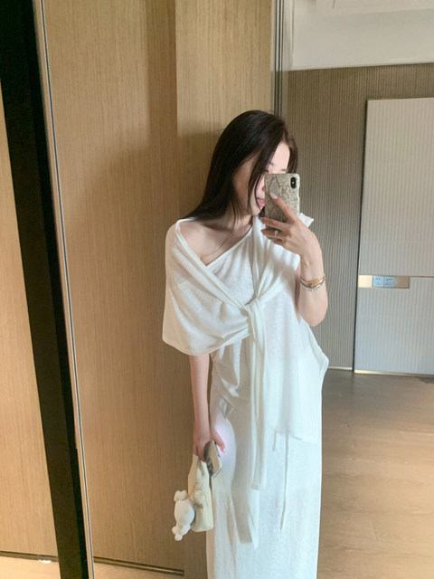 Popw LAOSHU White Water 2025 Comfortable Linen Set T-Shirt + Skirt + Shawl Three-Piece Set