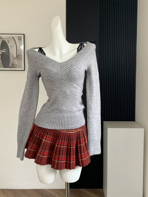 Perfect Waist-To-Hip Ratio, Retro Waist-Cinching Mid-Length Sweater Knit Top, Versatile V-Neck Base Shirt