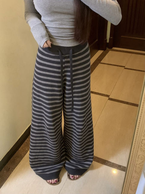 Super Comfortable Classic Color-Block Striped Wide-Leg Pants, Autumn and Winter 2025, Thick and Warm, Vintage Niche Floor-Length Pants