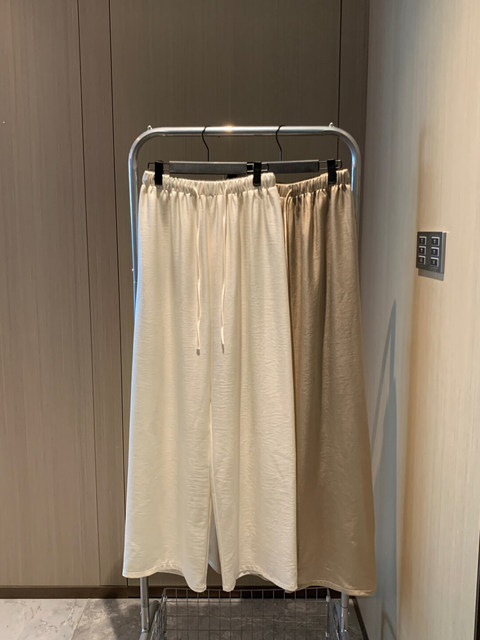 Popw LAOSHU Old Money Casual Imitation Acetate Summer Lazy Drawstring Elastic Waist Wide Leg Slimming Long Pants