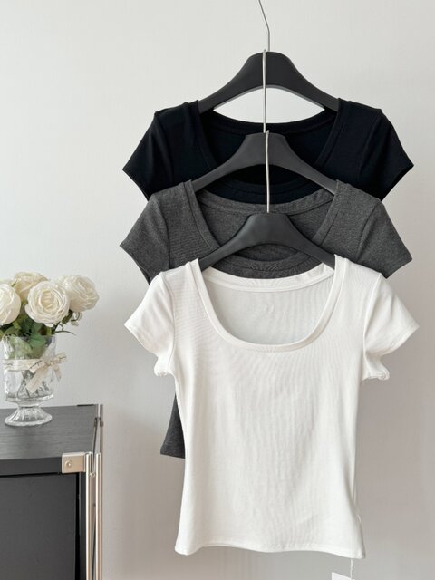 Popw LAOSHU Minimalist Large U-Neck Short-Sleeved T-Shirt for Women 2024 Summer New Style White Slim Short Shoulder Top