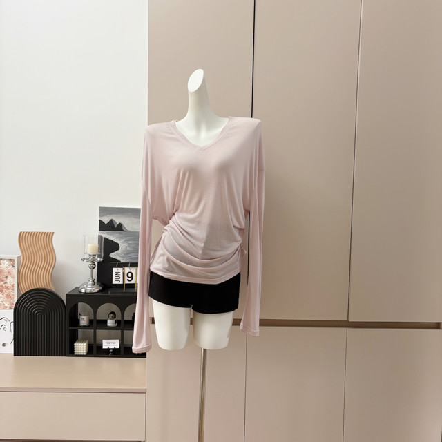 Popw Relaxed Style Tencel Wool Loose V-Neck Thin Top Women's Summer New Long-Sleeved T-Shirt