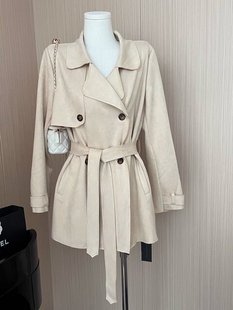 French-Style Suede Waist-Cinching Jacket for Women, New Korean-Style Casual Versatile Khaki Trench Coat for Petite Figures