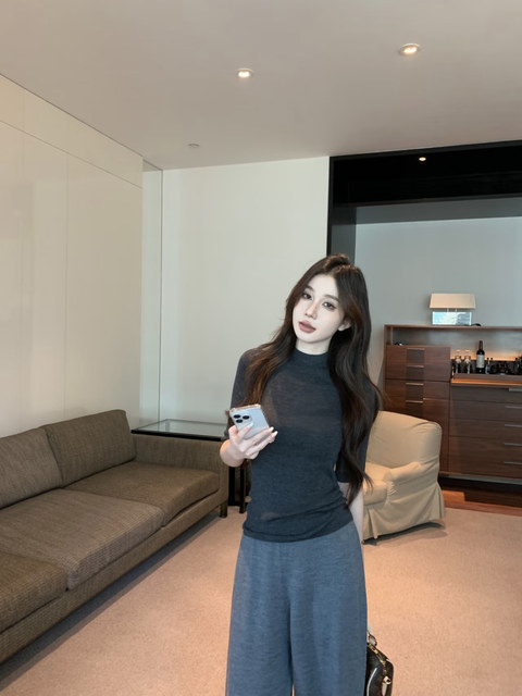 Popw LAOSHU Old Money Style Yangzi Wool Yarn Skin-Friendly Half-Sleeve Half-Turtleneck Solid Color Base Shirt T-Shirt