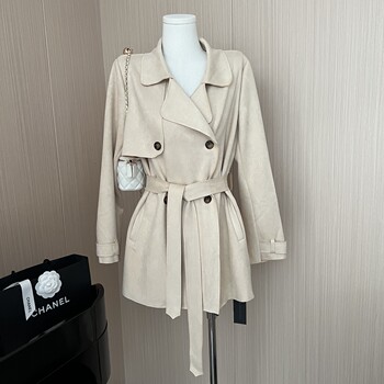 French-Style Suede Waist-Cinching Jacket for Women, New Korean-Style Casual Versatile Khaki Trench Coat for Petite Figures