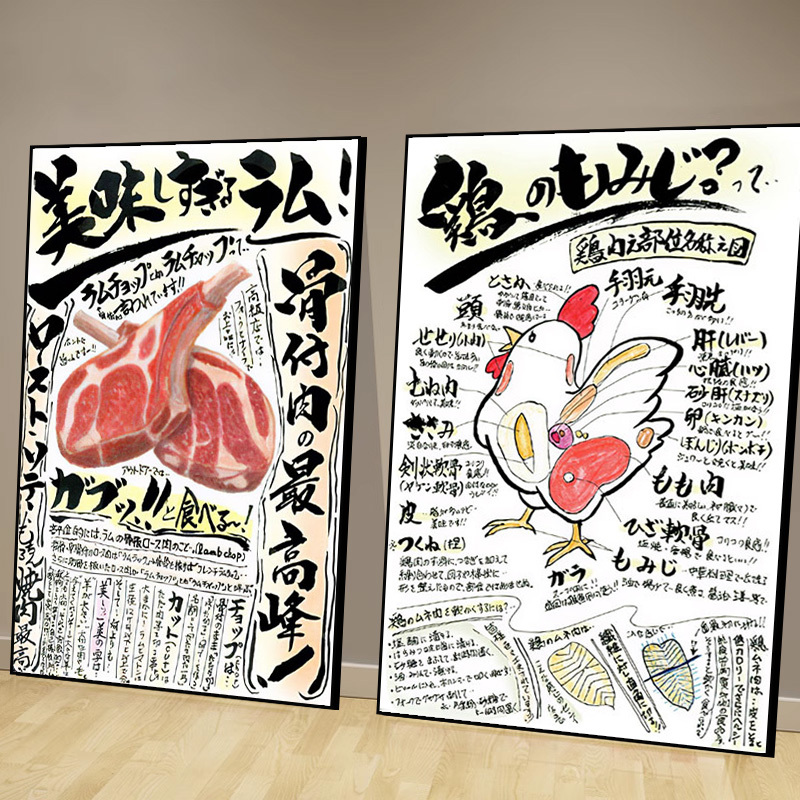 Japanese-style BBQ restaurant decorative wall art / sushi restaurant / yakitori shop poster — diagram of chicken, beef and pork cuts Japanese-style BBQ restaurant decorative wall art / sushi restaurant / yakitori shop poster — diagram of chicken, beef and pork cuts