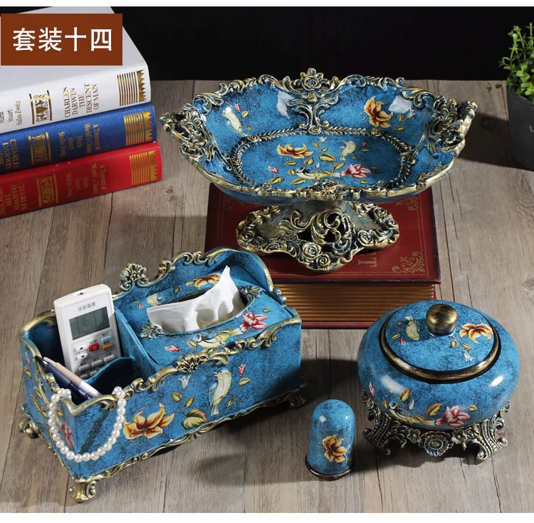 Khay trái cây châu Âu Bộ ba mảnh đa năng nâng cấp hộp khăn giấy Hộp lưu trữ phòng khách Bàn trà trang trí - Trang trí nội thất