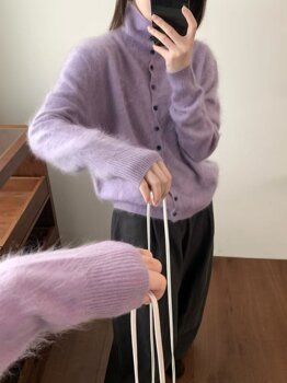 Long-Haired Turtleneck Wool Sweater for Women in Winter, Unique Single-Breasted Long-Sleeved Soft Knitted Cardigan, Loose Sweater