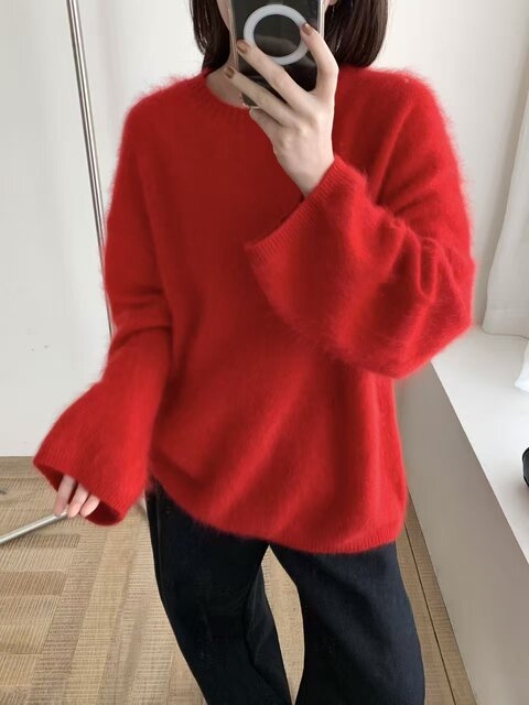 2025 Autumn/Winter New Korean Style Loose Slimming Round Neck Color Block Knitted Sweater for Women Versatile Sweater