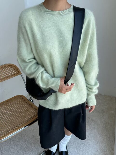 26671 Wool Brushed Cashmere New Korean Style Round Neck Long Sleeve Knit Sweater Women's Loose Fuzzy Sweater Top