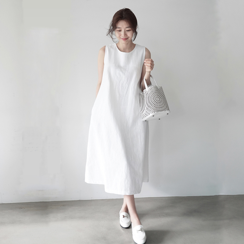 Pai Xitu Korean Style New Cotton and Linen Sleeveless Vest Dress for Women, Summer Loose Slimming Linen Artistic Over-The-Knee Long Dress