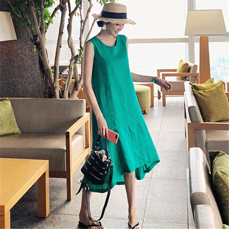 Váy cotton và vải lanh tay nữ 2019 mới giản dị buông thả và vải lanh mỏng xù đuôi cá vest dài mùa hè - Sản phẩm HOT