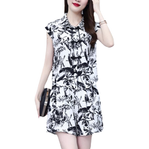 New womens casual fashion ice silk shorts two-piece suit summer cheongsam top shorts summer complete set
