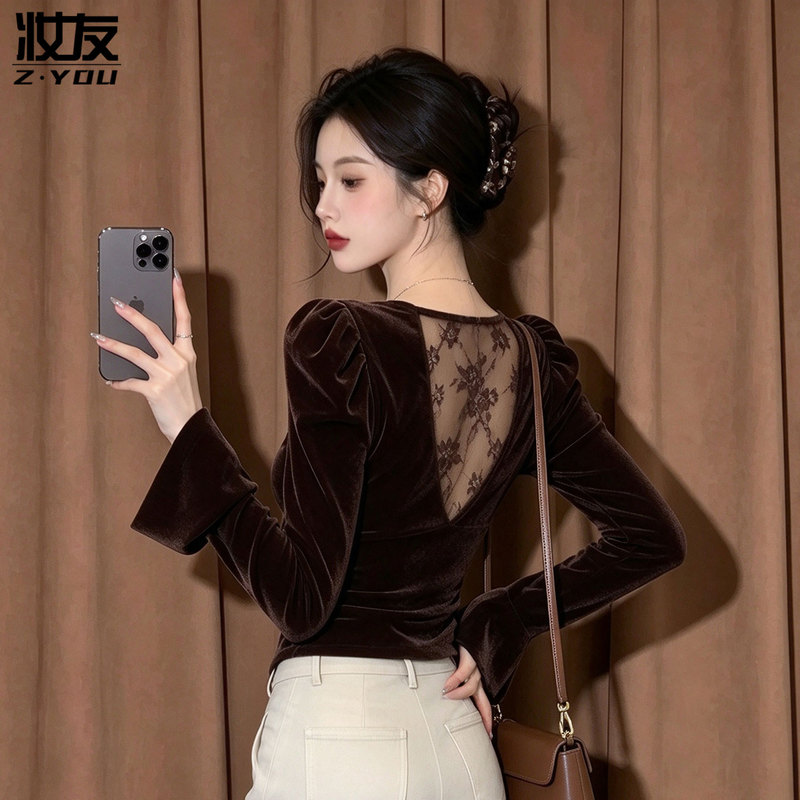 Autumn/Winter 2026 New Style Velvet Long-Sleeve T-Shirt for Women, Lace Hollow-Out Backless Top, Light Luxury High-End Feel Base Shirt