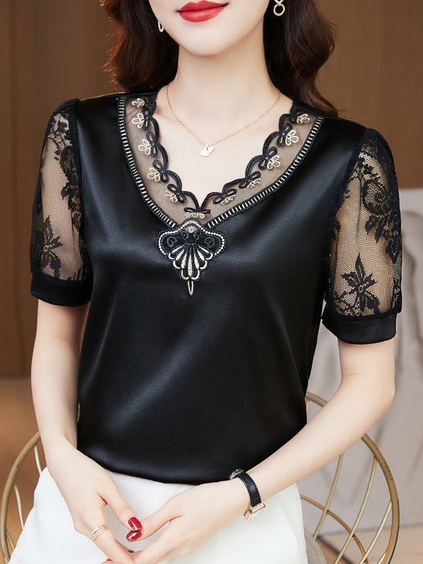Black Satin Short-Sleeve T-Shirt for Women, 2026 New Style, Petite Summer Top, High-End and Elegant Blouse for Moms