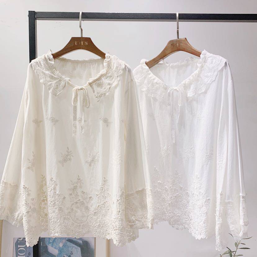 2021 spring new casual art lace collar embroidery cotton white long-sleeved shirt doll shirt Mori girl