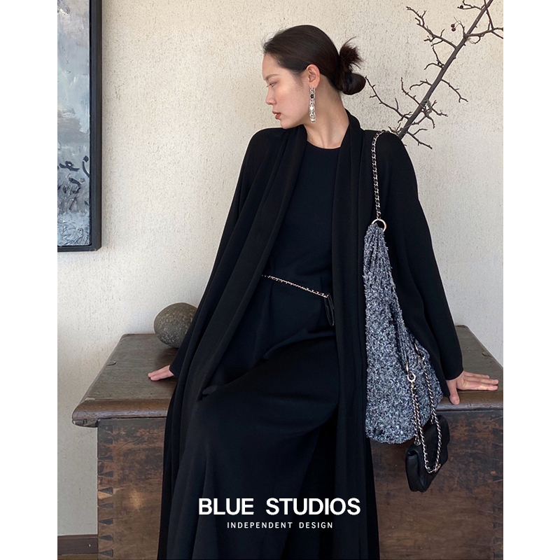 「Blue Studios」Unique and Stylish Long Black Knit Cardigan with Long Sleeves for Tall Women, Suitable for Commuting