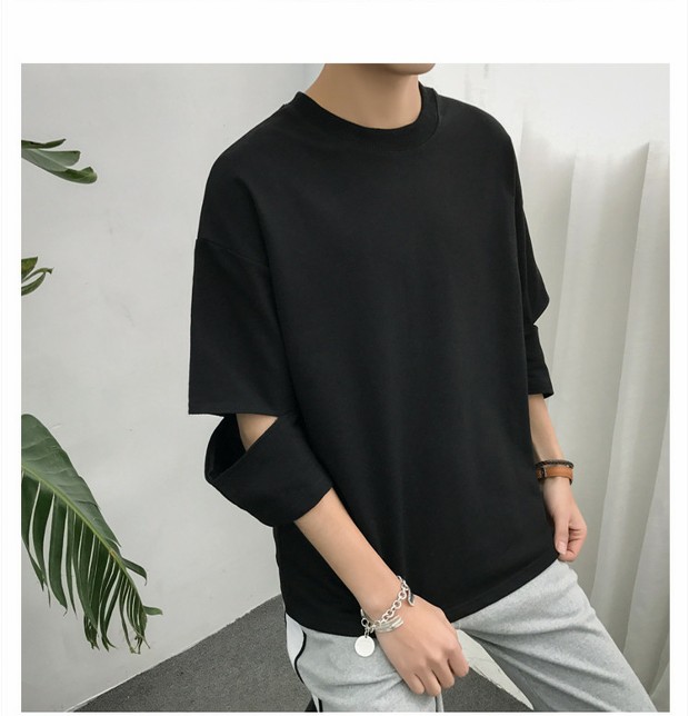 Phong cách Hồng Kông hè ngắn tay xu hướng cá tính lỗ 7 điểm trong tay áo Phiên bản Hàn Quốc áo thun rộng tay nam sinh viên áo thun 7 điểm tay áo áo oversize nam