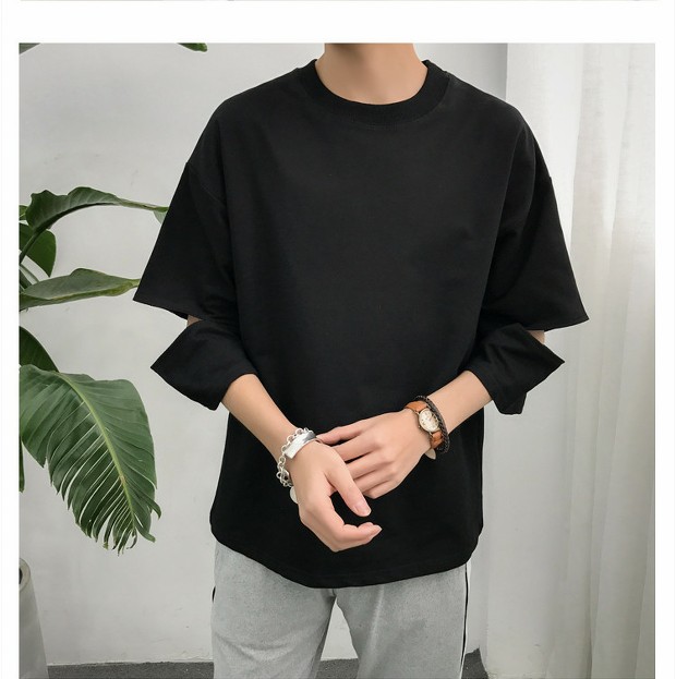 Phong cách Hồng Kông hè ngắn tay xu hướng cá tính lỗ 7 điểm trong tay áo Phiên bản Hàn Quốc áo thun rộng tay nam sinh viên áo thun 7 điểm tay áo áo oversize nam