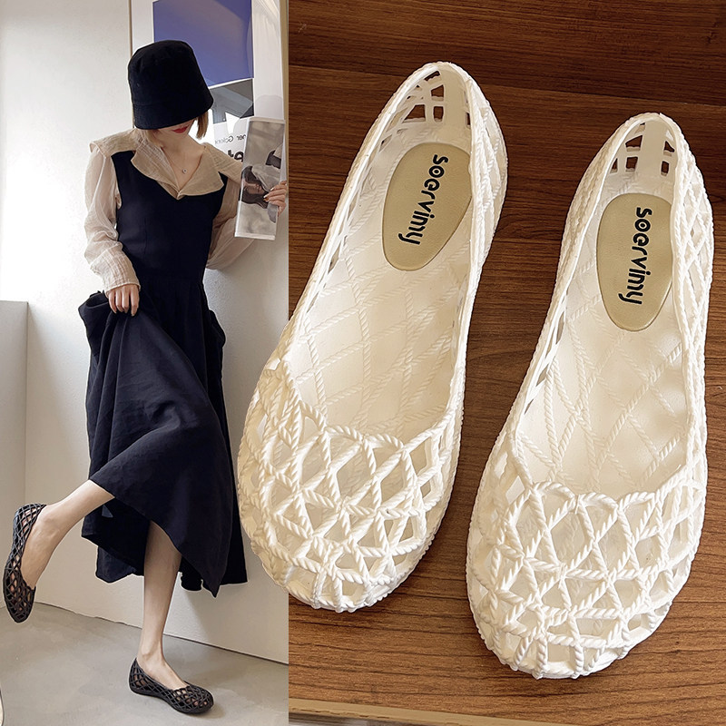 Japanese Gp Breathable Rain Shoes for Women, Summer Flat Shallow Jelly Casual Perforated Mesh Shoes, Soft-Soled Fashionable Beach Sandals