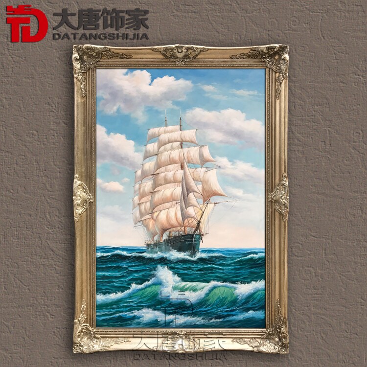 European living room oil painting Entrance decoration painting Fireplace hanging painting Pure hand-painted corridor hanging painting sea view smooth sailing