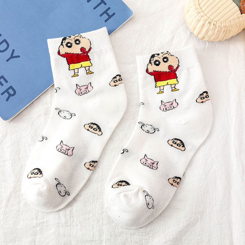 Japanese and Korean Style Crayon Shin-Chan Merchandise Cartoon Mid-Calf Socks for Men and Women, Sweat-Absorbent and Odor-Resistant, Small White Dog Pure Cotton Socks