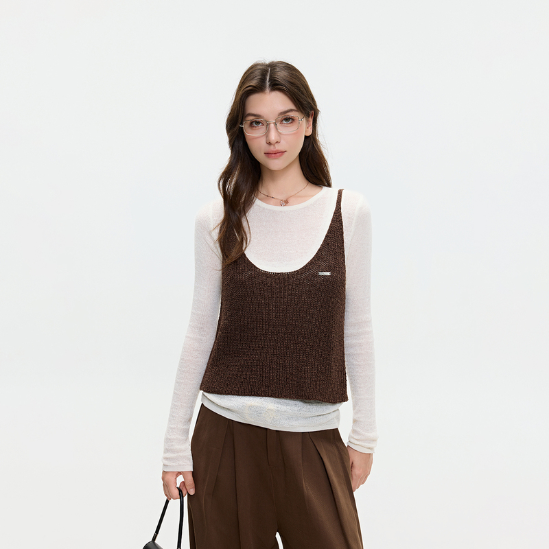 Ikyou Niche Design Brown Knit Top Women's Summer New Loose Slimming Camisole Two-Piece Set Top