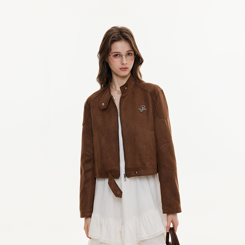 Ikyou Original Metal Label Retro Suede Jacket Women's Spring and Autumn New Short Flight Suit Jacket Top
