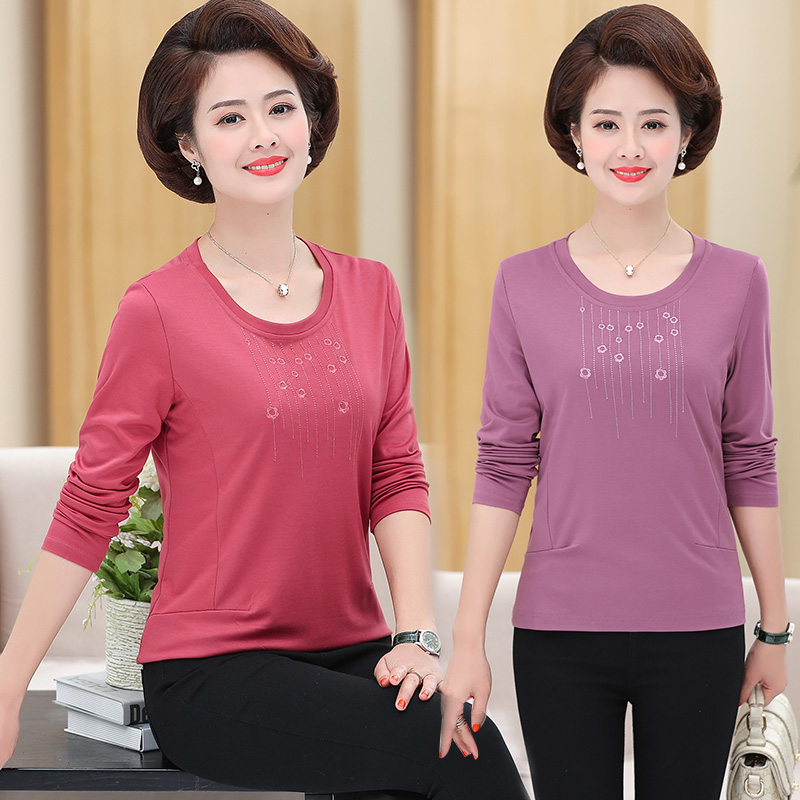 Middle-aged women's T-shirt base shirt loose large size long-sleeved middle-aged fat mother's spring dress Western style 2021 new