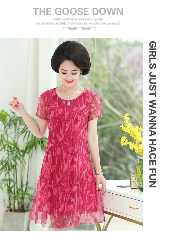 Phụ nữ trung niên ngắn tay dài đầm ren mẹ béo tải trung niên cỡ lớn mùa hè đầm buông thả - Quần áo của mẹ
