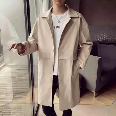 Windbreaker men's medium and long version of British style spring jacket Korean trend men's jacket thick handsome coat