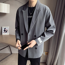 Coat mens spring double-breasted windbreaker youth suit collar English jacket solid color business casual mens coat