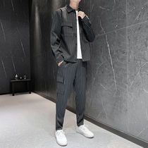 Long-sleeved shirt mens autumn vertical stripe trousers set Youth workwear casual Tide brand full set with two pieces