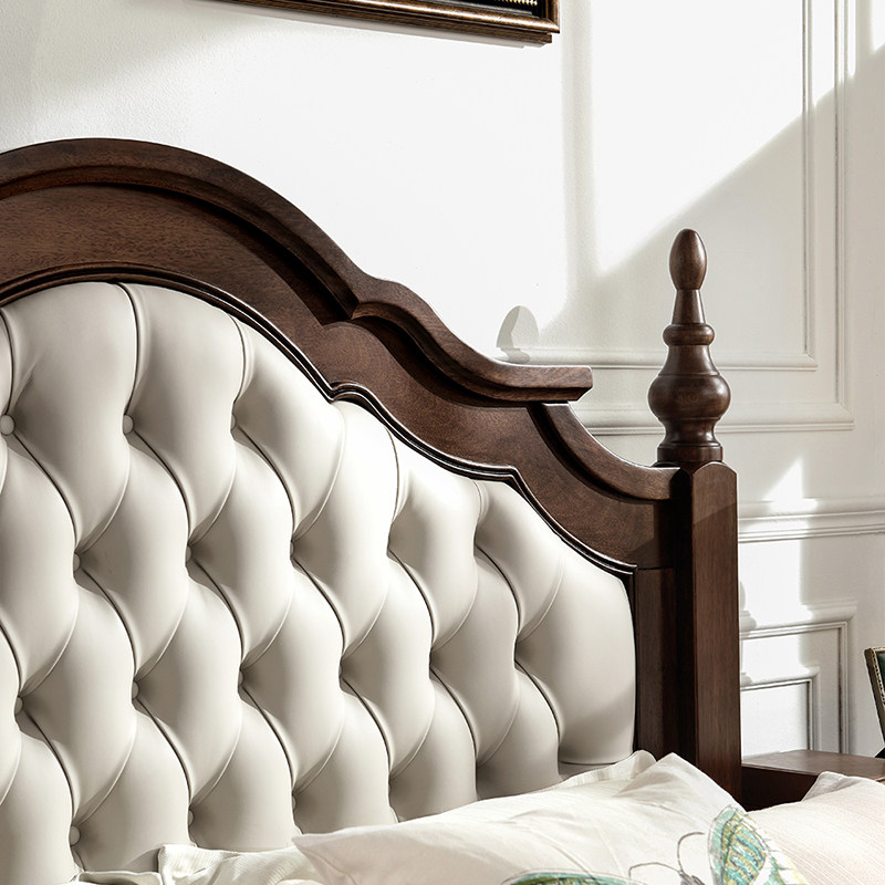 American Country Solid Wood Bed Leather Soft Bag Double Bed Walnut Marrier Bed Superior Box Storage Master Bedroom Furniture Retrospective Bed