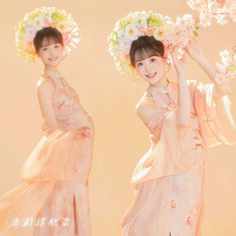 Photo Studio Maternity Photo Clothing New Style New Chinese Style Hairpin Pink Cheongsam Beautiful Pregnant Mommy Photography Clothing