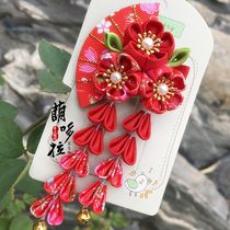 New ancient wind fan subhead decoration Japanese cherry blossom stream Su hair accessories with three small flowers and bath clothes side clips handmade