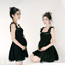 Photo Studio French Retro Hepburn Style Chic Ruffled Splicing Suspender Dress for Pregnant Women Slimming and Fashionable Waist