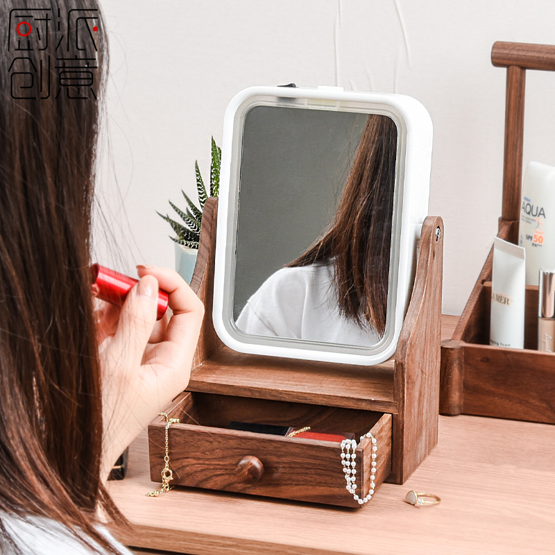 Desktop Desktop Cosmetic Mirror Subsquare with lamp led Cosmetic Mirror Portable accommodating box One-sided flip-zoom