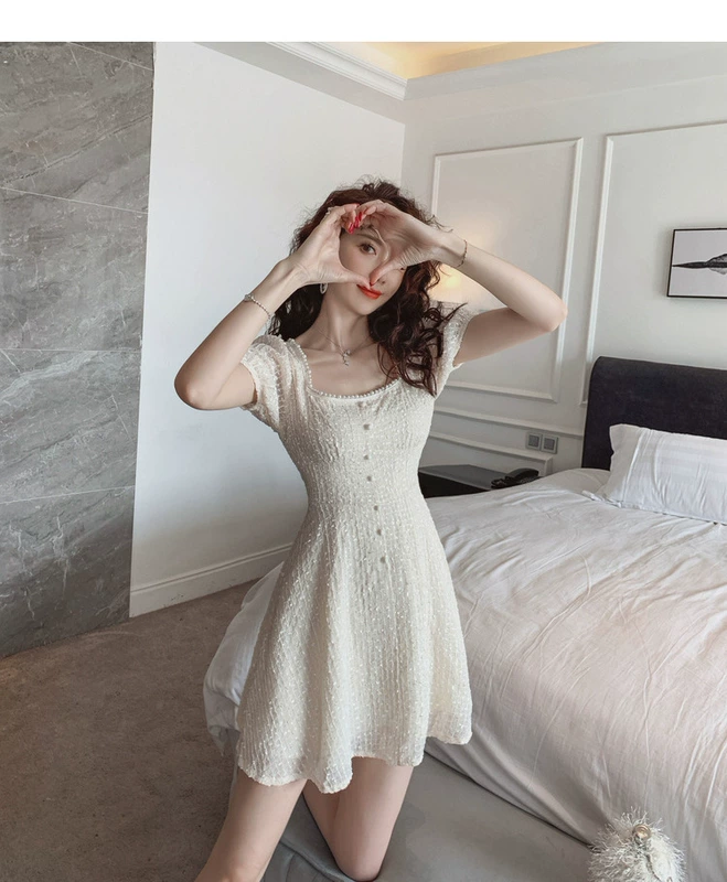 Váy cổ tích sang trọng nhẹ nhàng của phụ nữ xs váy mùa xuân và mùa thu mai cổ áo vuông mỏng mỏng siêu cổ tích hoang dã - Váy eo cao