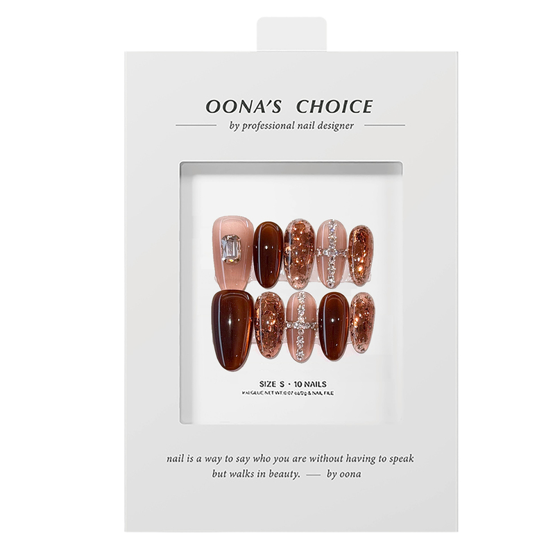 【Fallen】All-Hua Diamond Caramel Brown Cat Eye Light Luxury Gold Foil Nail Art Vintage Melard Sparkling Diamond Whitening Wearable Nails 【Fallen】All-Hua Diamond Caramel Brown Cat Eye Light Luxury Gold Foil Nail Art Vintage Melard Sparkling Diamond Whitening Wearable Nails