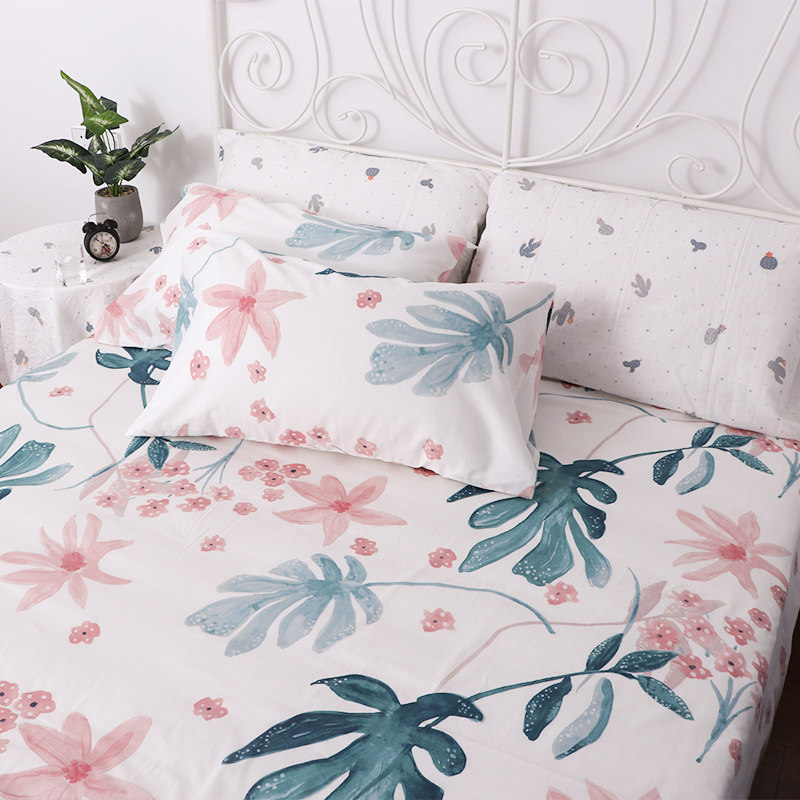 Bookable watercolor painting pure cotton linen powder Flower full cotton quilts Dormitory Bed with white water ink Ink Painting Bed