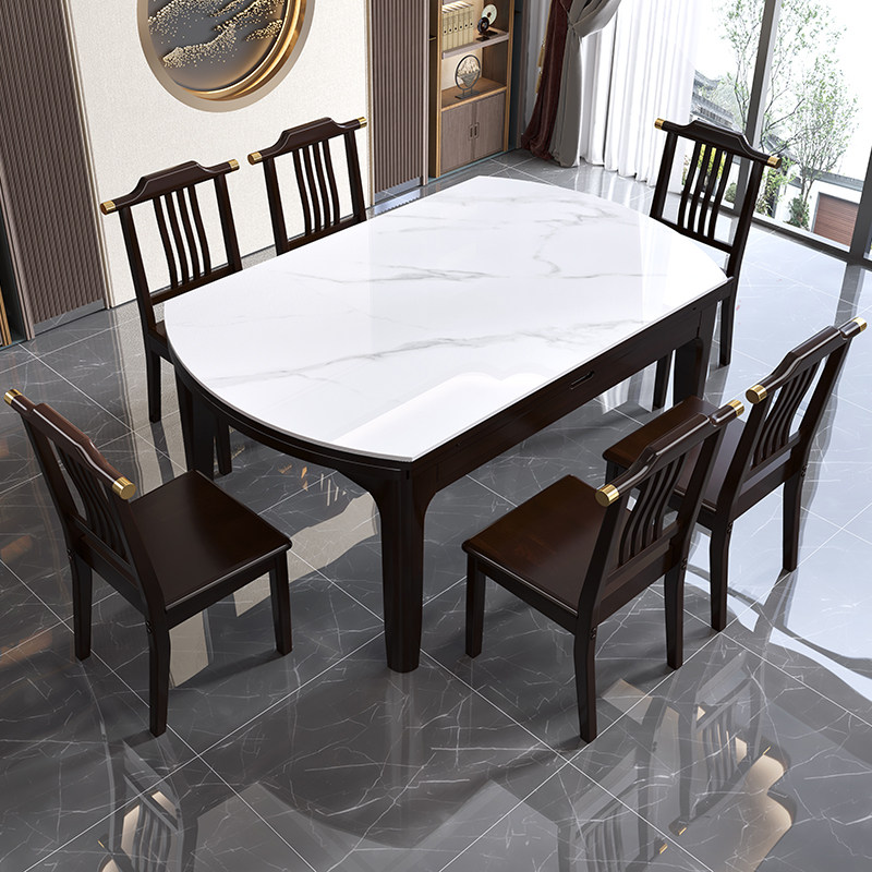 New Chinese-style all solid wood bright slate dining table and chair combination variable square and round dual-purpose telescopic dining table home small apartment