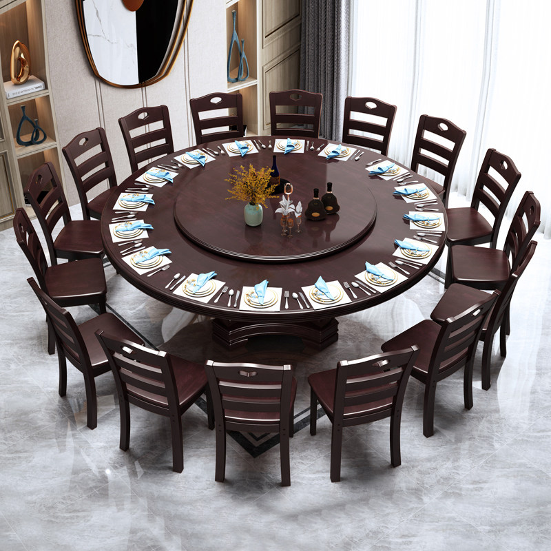 Solid wooden table and chair combined Chinese round with round plate simple modern household table 10 people hotel round table