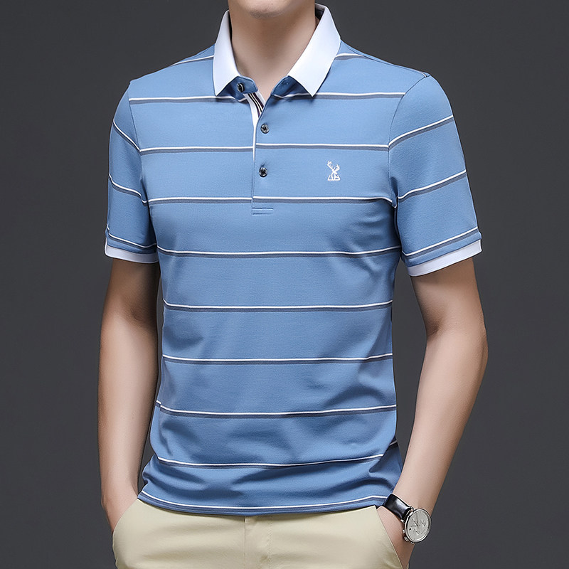 2021 summer mercerized cotton POLO shirt men's lapel striped short-sleeved T-shirt ice silk business casual middle-aged t-shirt